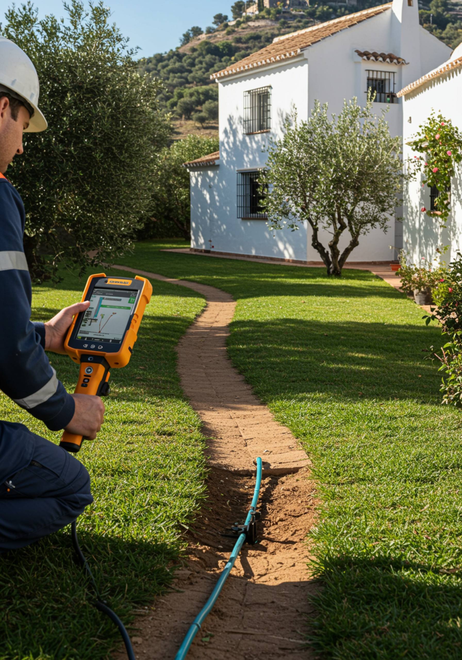 "Técnico utiliza un escáner de radar de superficie en un jardín junto a una villa andaluza, detectando tuberías subterráneas y filtraciones con precisión."