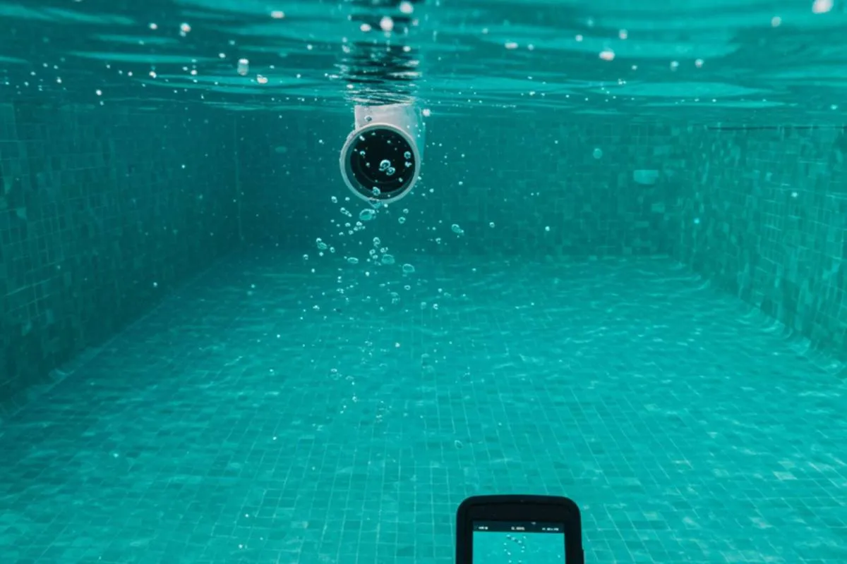 "Perspectiva submarina de una piscina de lujo en una villa andaluza, mostrando burbujas de aire de una fuga en una unión de tubería, mientras un técnico utiliza una cámara digital para detectar fugas."