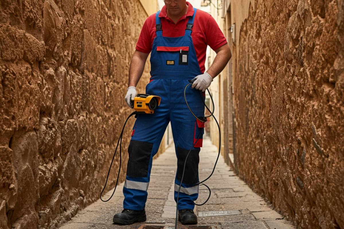 imagen15 "Ingeniero masculino en overoles y casco inspeccionando una red de alcantarillado en una calle andaluza con una cámara de inspección para localizar fugas en sistemas de drenaje."