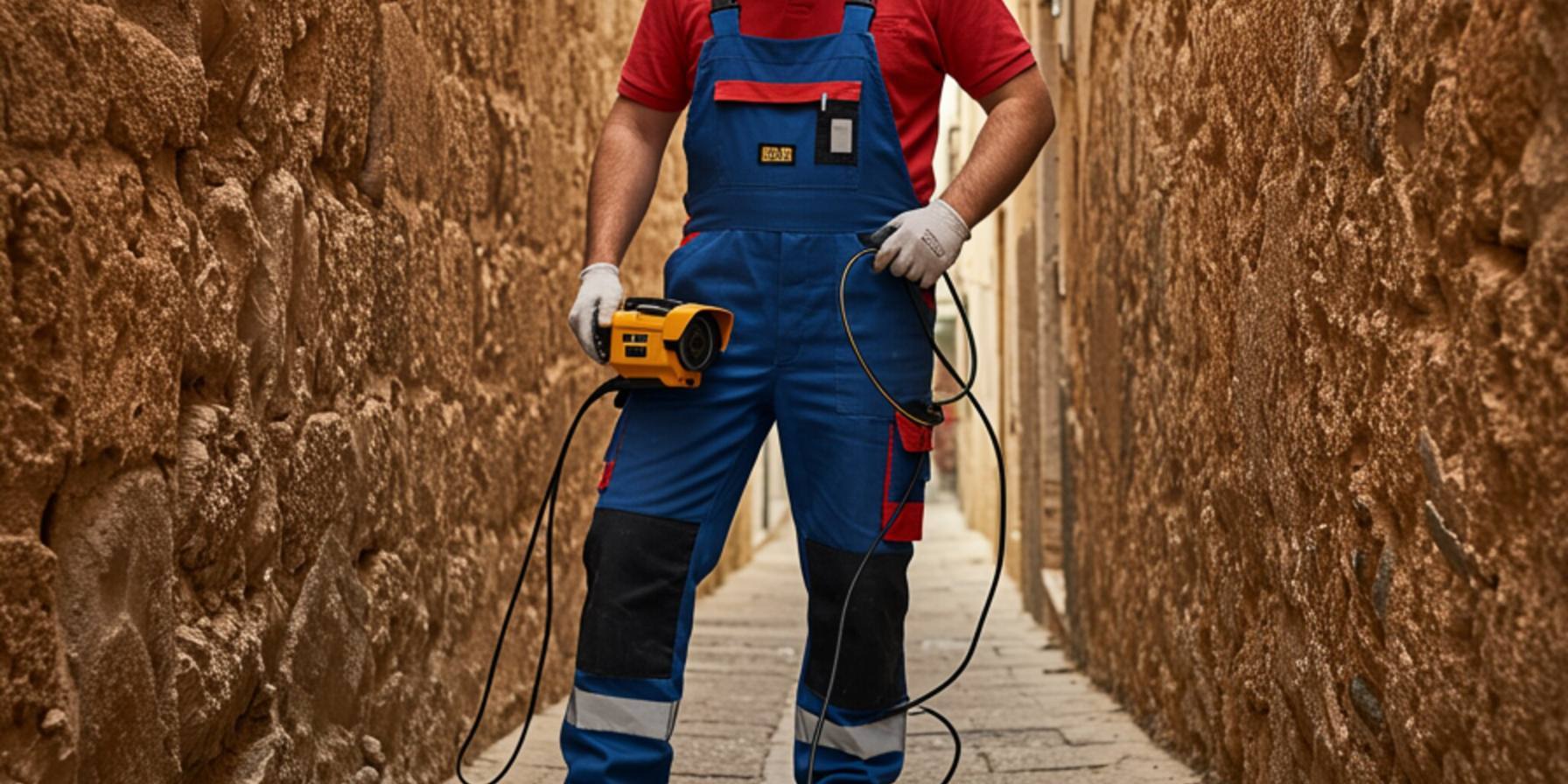 imagen15 "Ingeniero masculino en overoles y casco inspeccionando una red de alcantarillado en una calle andaluza con una cámara de inspección para localizar fugas en sistemas de drenaje."