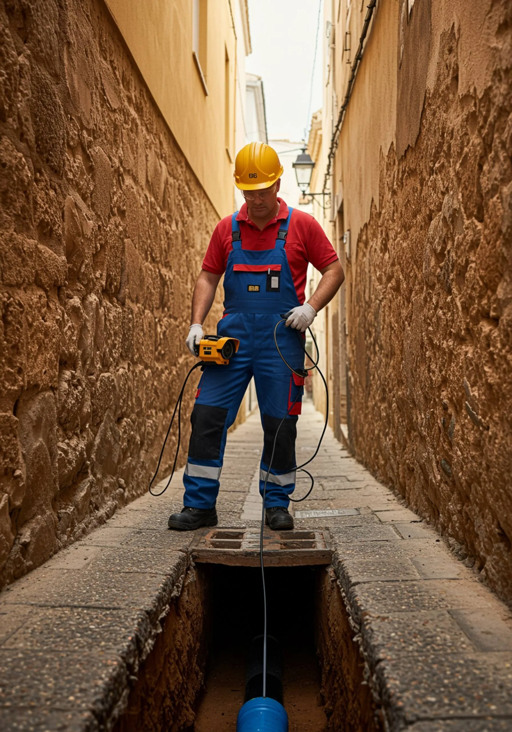 imagen15 "Ingeniero masculino en overoles y casco inspeccionando una red de alcantarillado en una calle andaluza con una cámara de inspección para localizar fugas en sistemas de drenaje."