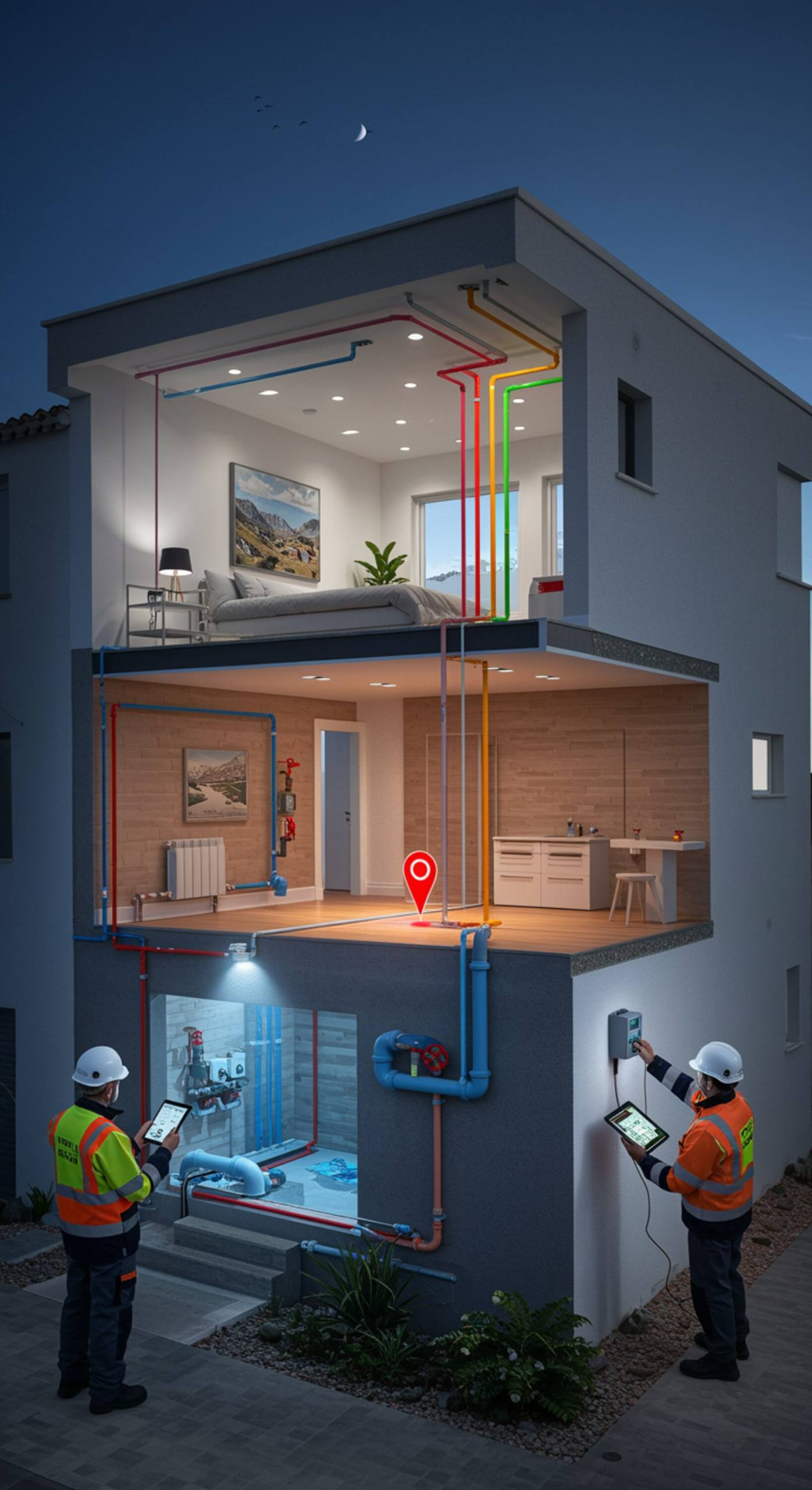 imagen17 "Ilustración detallada de un sistema de fontanería moderno en una villa andaluza, destacando una fuga en color rojo, con técnicos en equipo de alta visibilidad utilizando tecnología de detección de fugas."