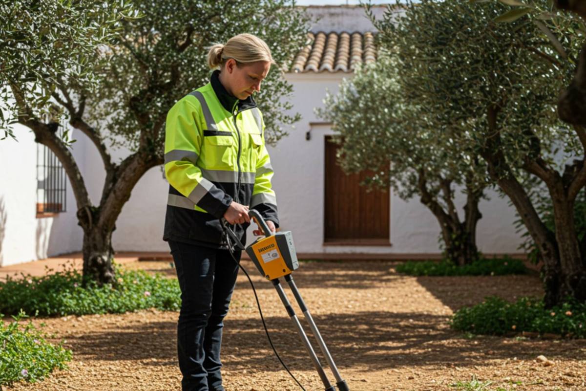 imagen20 "Técnica femenina en España utiliza radar de penetración terrestre para detectar arquetas ocultas en un jardín soleado, rodeada de olivos y paredes encaladas."