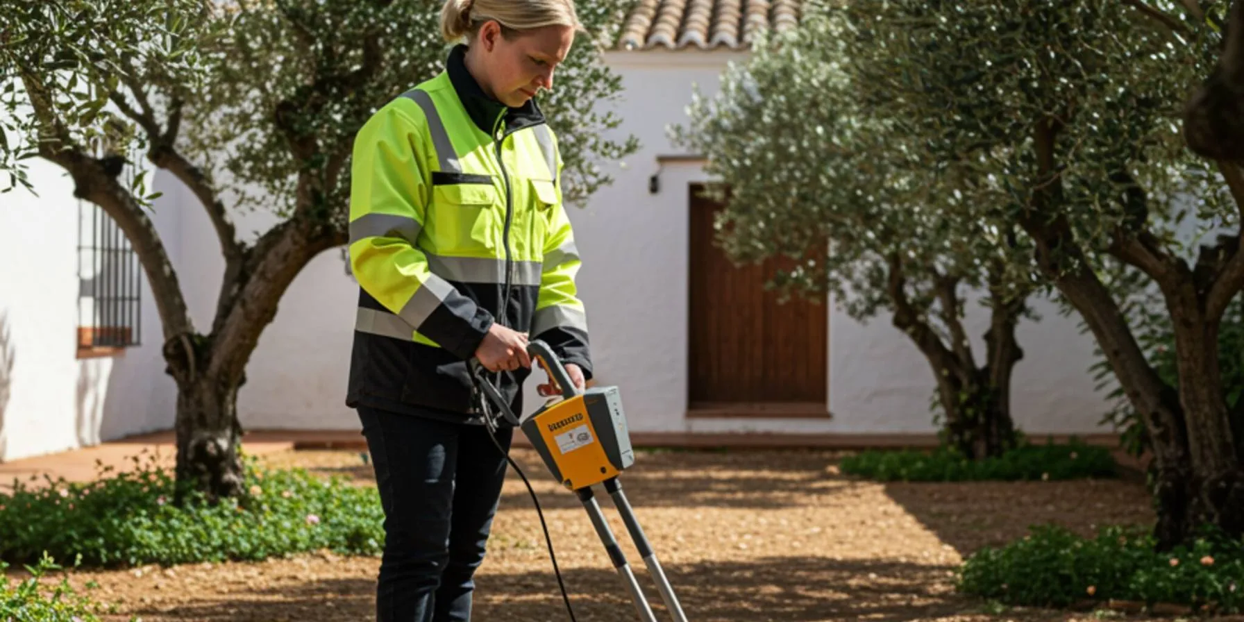 "Técnica femenina en España utiliza radar de penetración terrestre para detectar arquetas ocultas en un jardín soleado, rodeada de olivos y paredes encaladas."