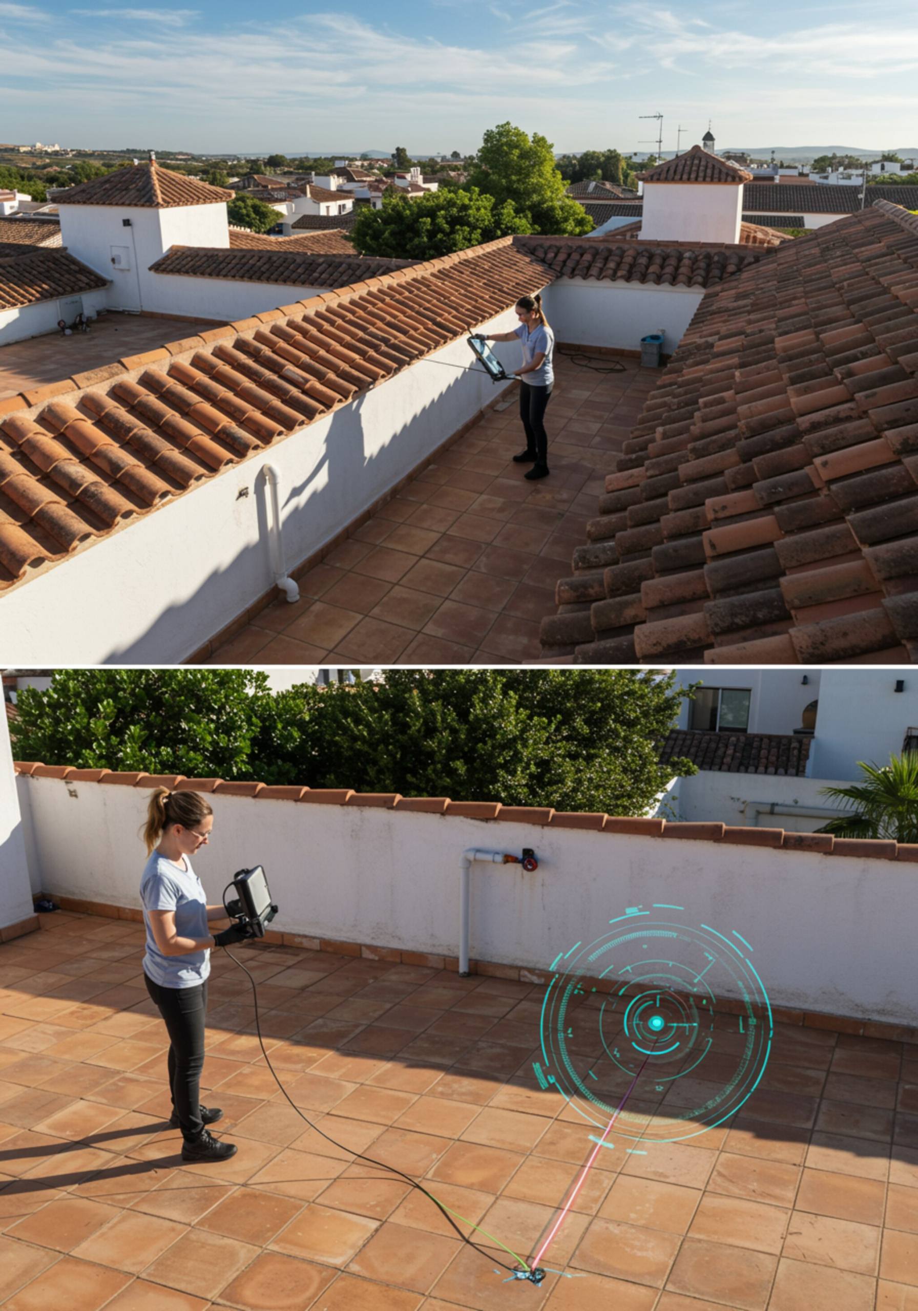 "Vista aérea de una técnica blanca instalando un kit de sensor acústico en una azotea con jardín, detectando una fuga en la fontanería bajo el sol andaluz."