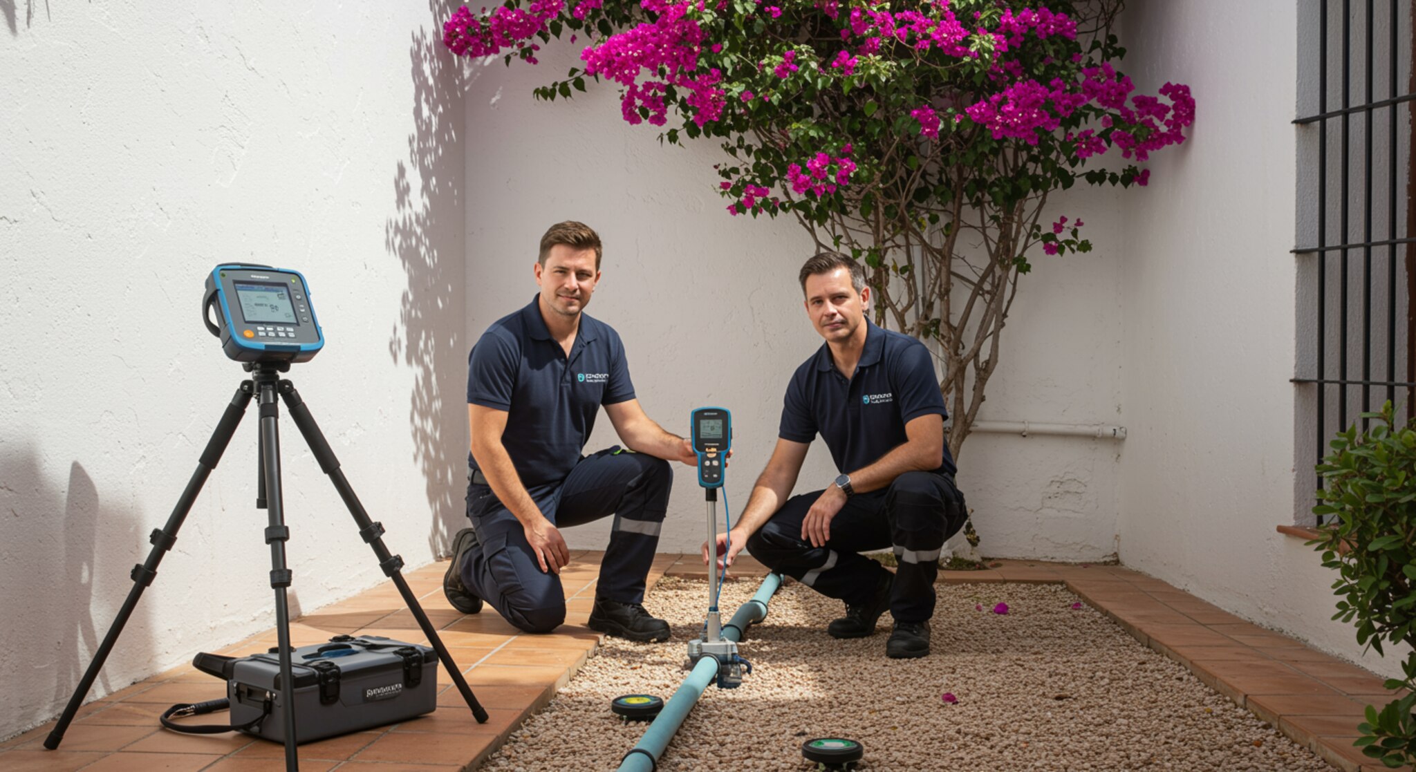 imagen26 3 "Escena realista en un patio andaluz con técnicos en detección de fugas de agua, destacando tecnología avanzada y un entorno profesional."