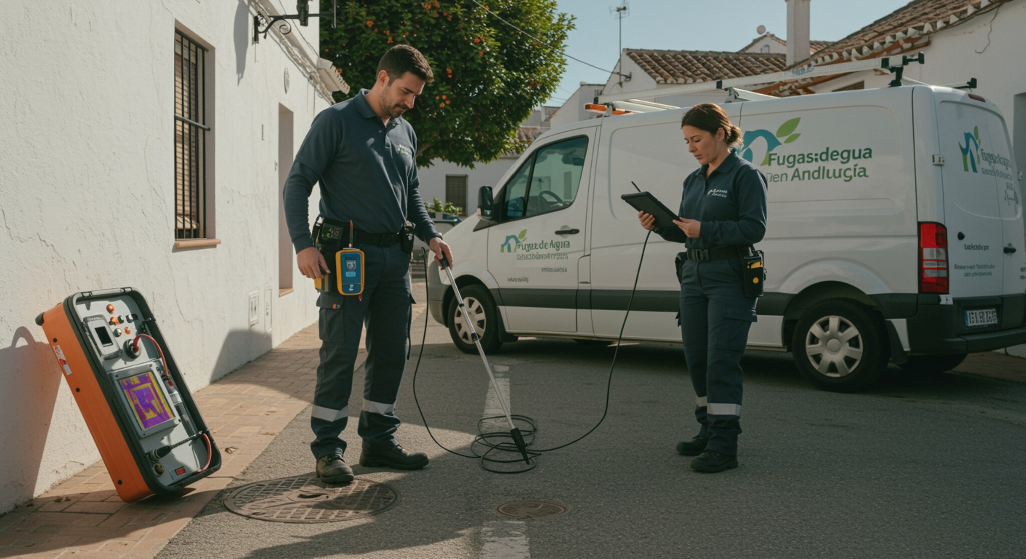 imagen26 Texto alternativo: "Técnicos de Fugas de Agua Andalucía utilizando tecnología avanzada de detección de fugas en una calle andaluza, con un vehículo de servicio moderno y un ambiente profesional."
