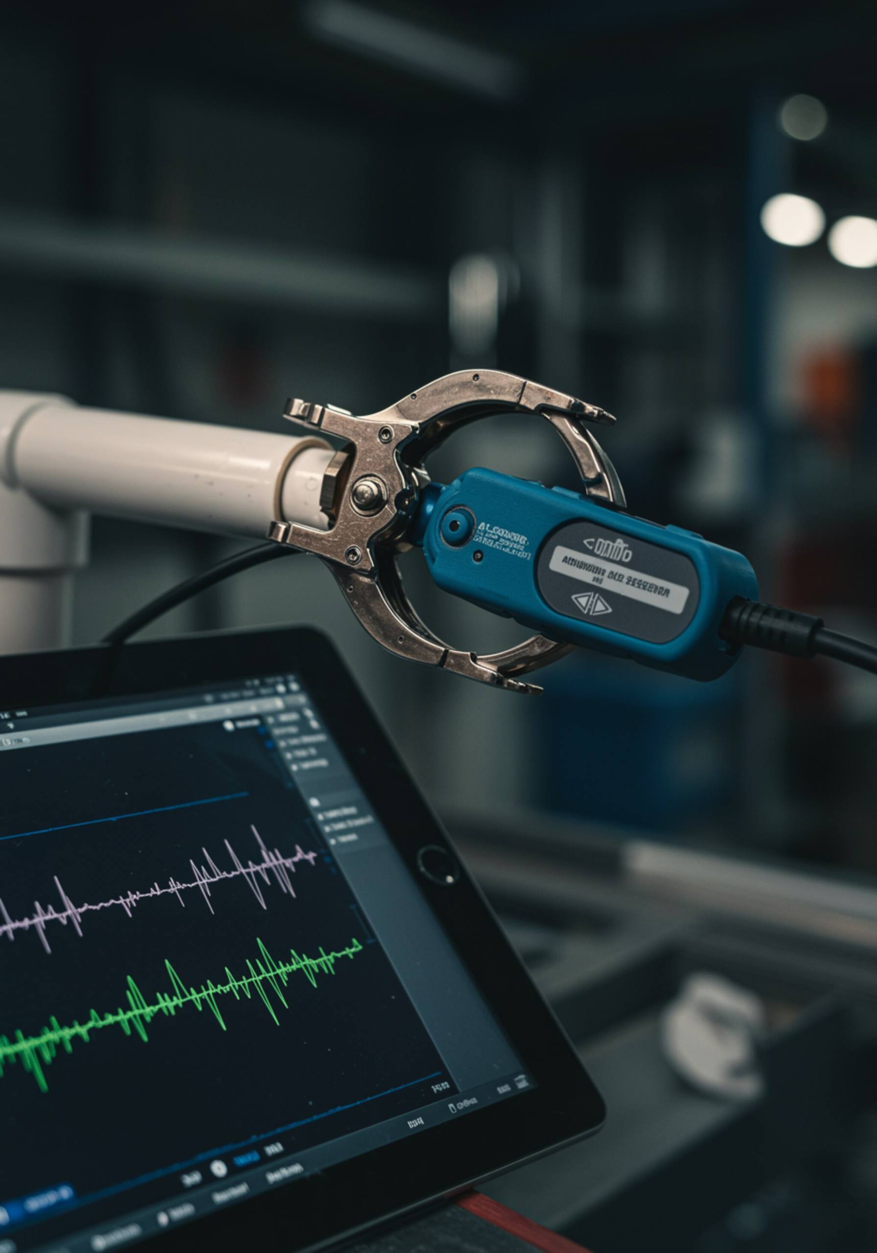 "Sensor de fuga acústico en primer plano fijado a una tubería de agua, con datos de ondas digitales en una tablet, destacando tecnología de detección avanzada en un taller."